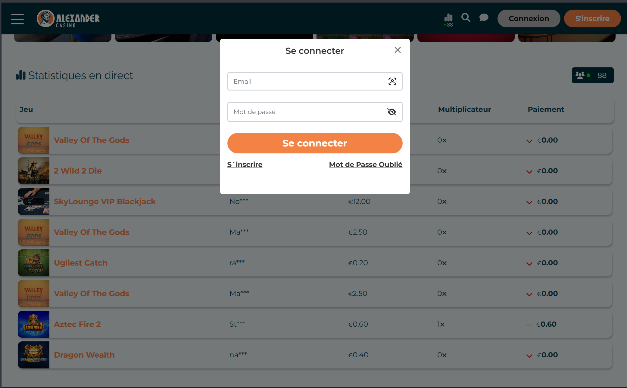 Alexander Casino se connecter : interface du formulaire de connexion FR
