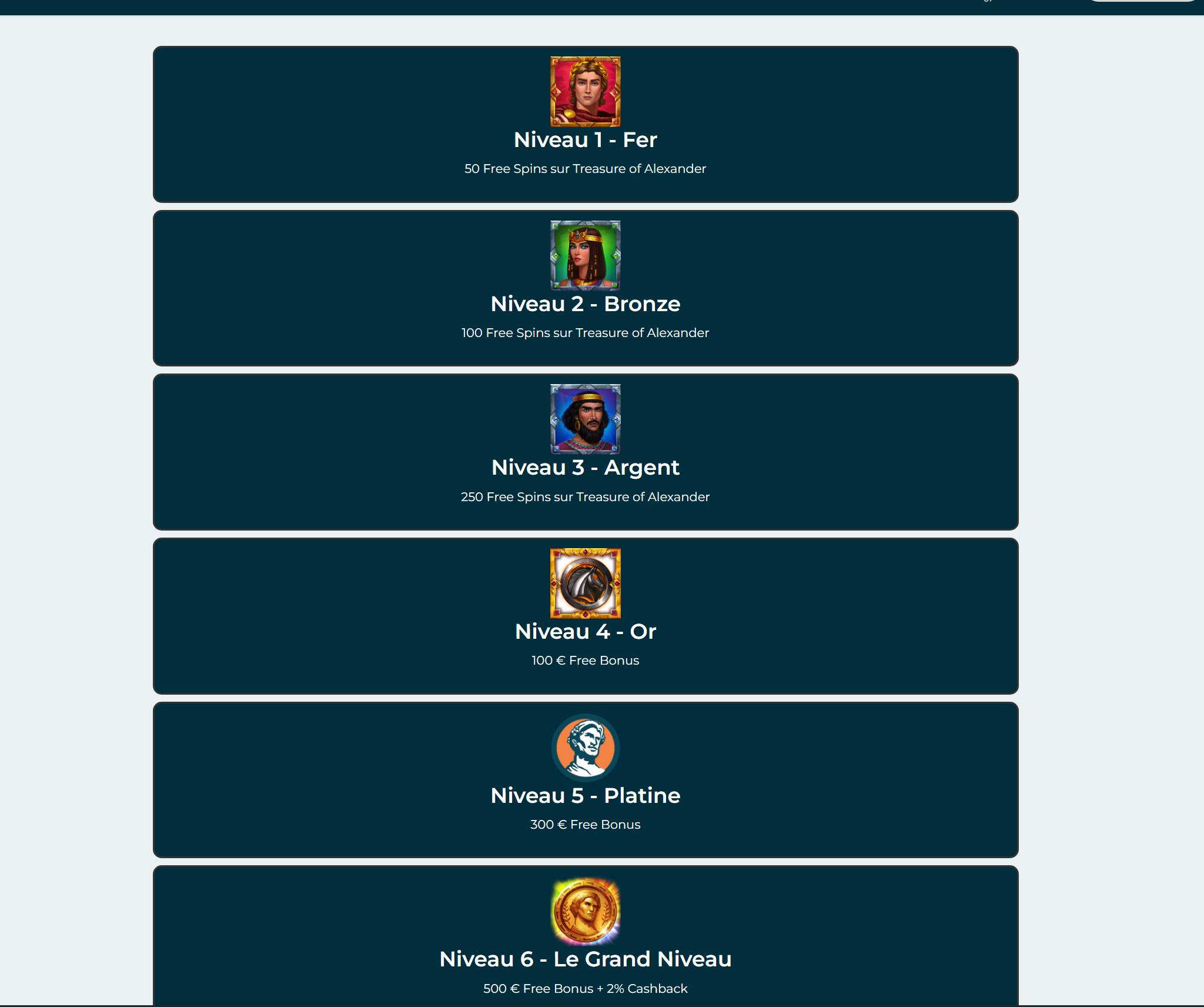 Alexander Casino programme VIP : 6 niveaux Fer, Bronze, Argent, Or, Platine, Grand Niveau