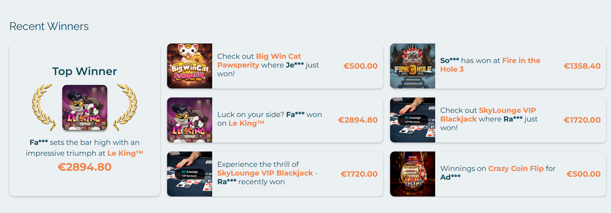 Alexander Casino Recent Winners : top gains Le King 2 894€, SkyLounge VIP Blackjack 1 720€
